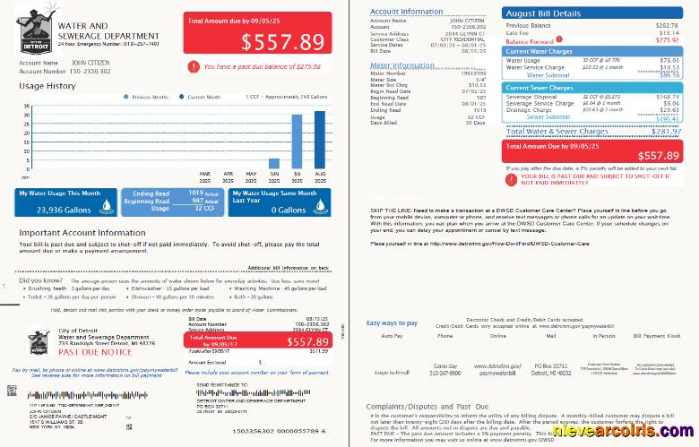 USA Detroit Water and Sewerage Department utility bill, 2 pages, version 3